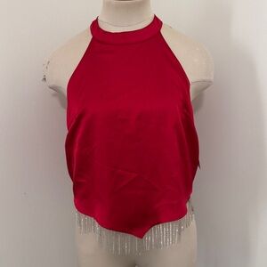 NEW Red Satin Halter Rhinestone Fringe Crop Top ~ Blue B Party Holiday Night Out